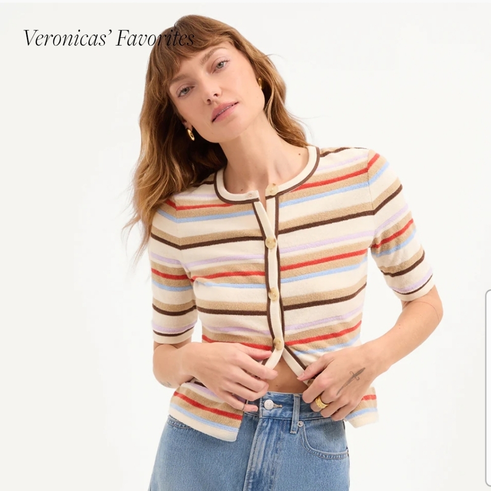 Veronica Beard Cream Multi-Color Striped Short-Sleeve Cardigan